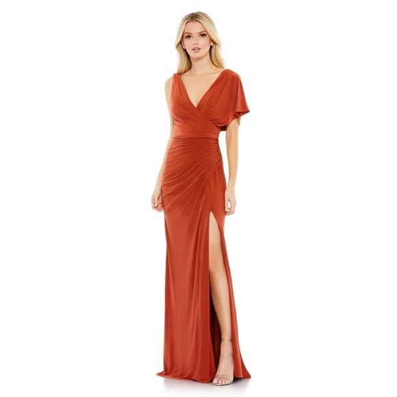 Mac Duggal 26985 NWT ONE SHOULDER SLEEVE SCOOP BACK JERSEY GOWN - Picture 1 of 6